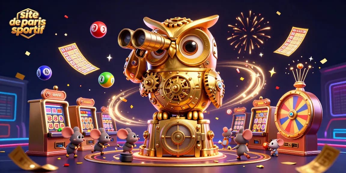 Illustration dynamique de "site de paris sportif" avec un hibou en or et des jeux de casino.
