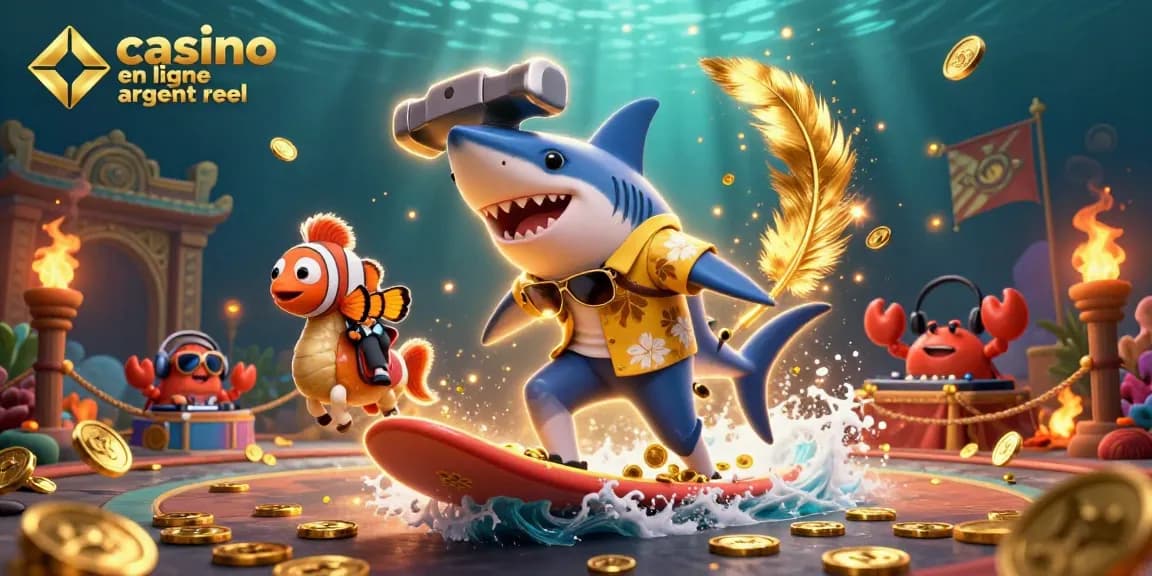 Plongez dans l'univers du casino en ligne argent réel avec un requin marteau en chemise hawaïenne surfant sur des pièces d'or