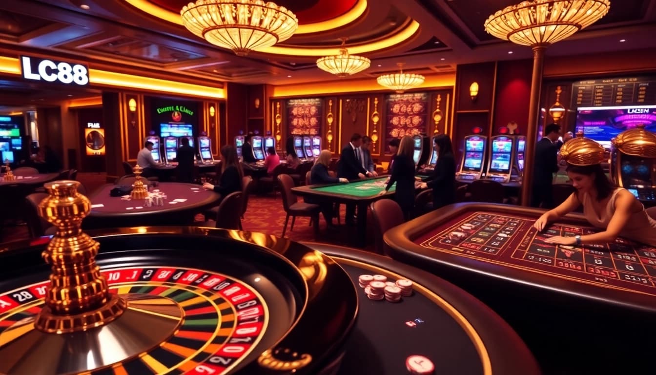 LC88 casino table scene with vibrant roulette wheel and engaged players.