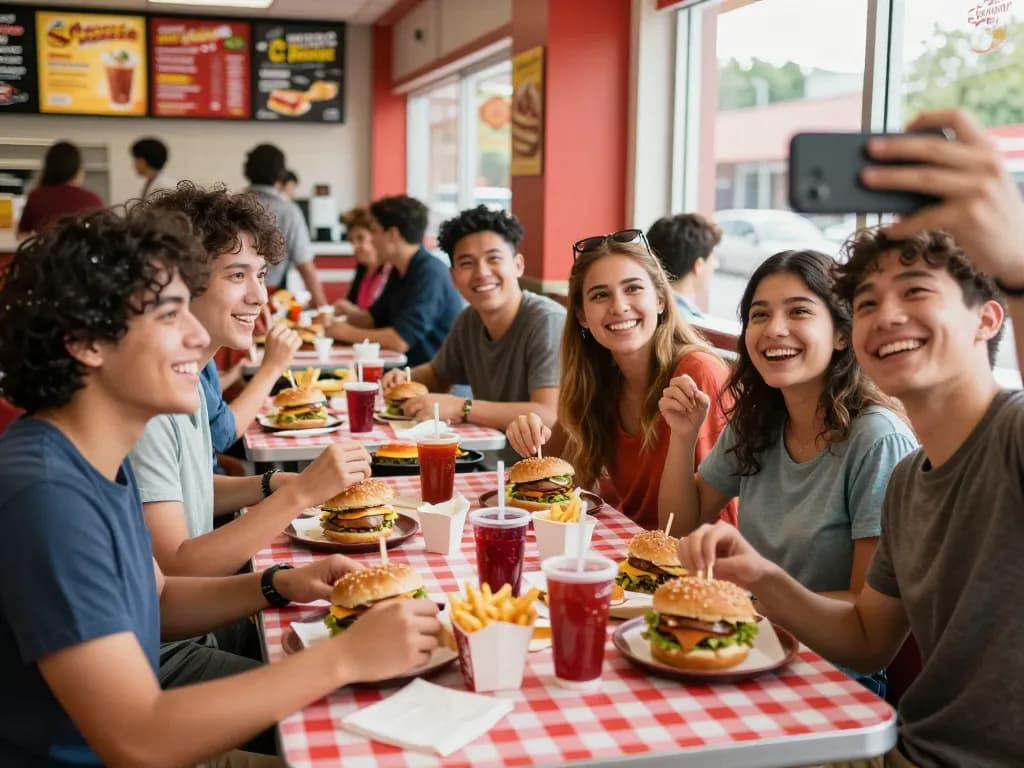 Friends enjoying fast food prices at a lively restaurant table filled with colorful meals.