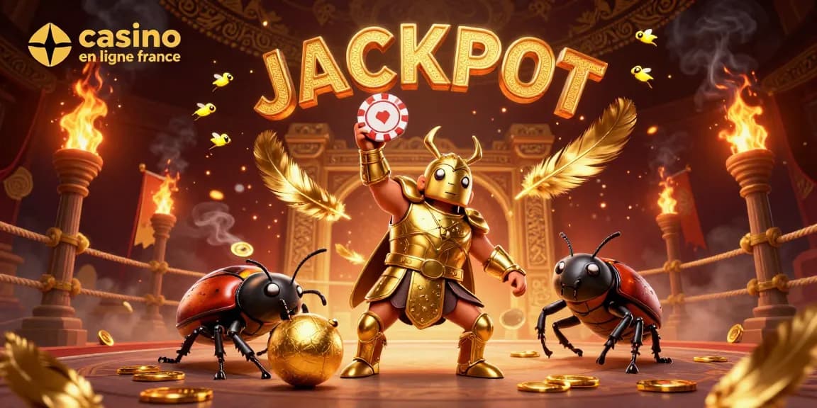 Photo d'une illustration 3D de casino en ligne France, mettant en vedette un scarabée en armure dorée célébrant un jackpot.