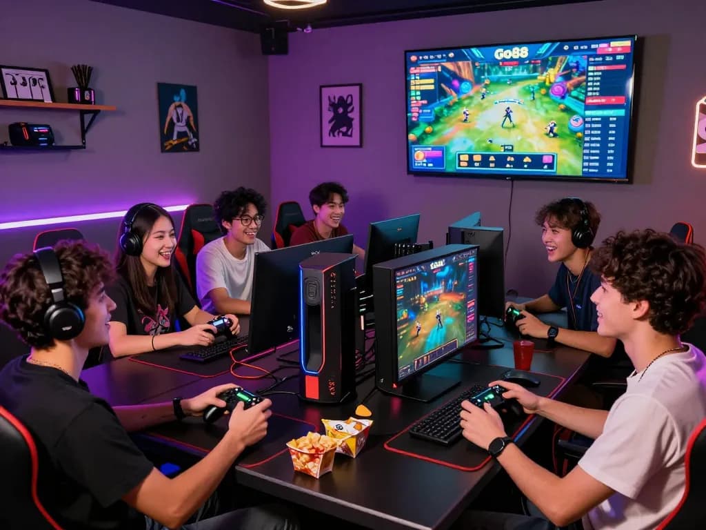 Friends enjoying an engaging gaming session with Go88 in a vibrant lounge atmosphere.