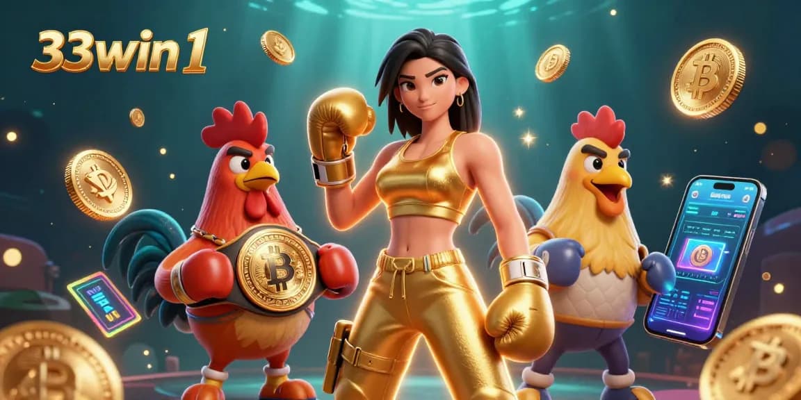 Experience the excitement of 33win 1 with a stunning scene featuring a powerful woman and championship rooster.