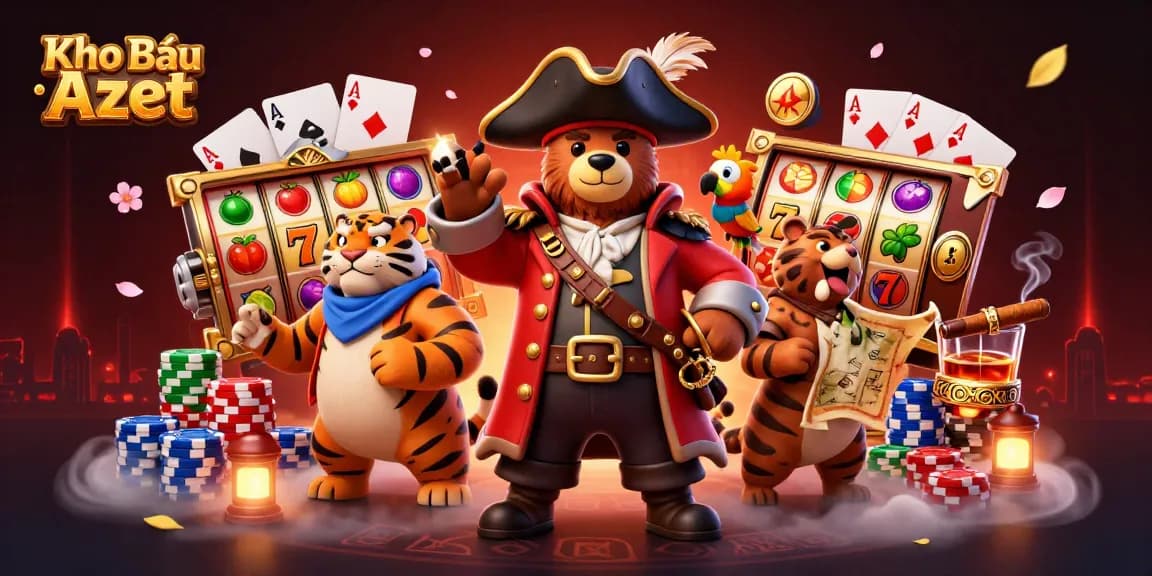 Spin for treasures in Kho Báu Aztec with a pirate bear and tiger amidst slot symbols and vibrant casino elements.