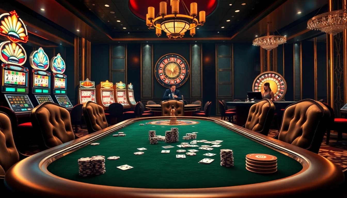 Experience the thrilling game of Dominoqiu at a luxurious casino table with vibrant colors and engaging elements.