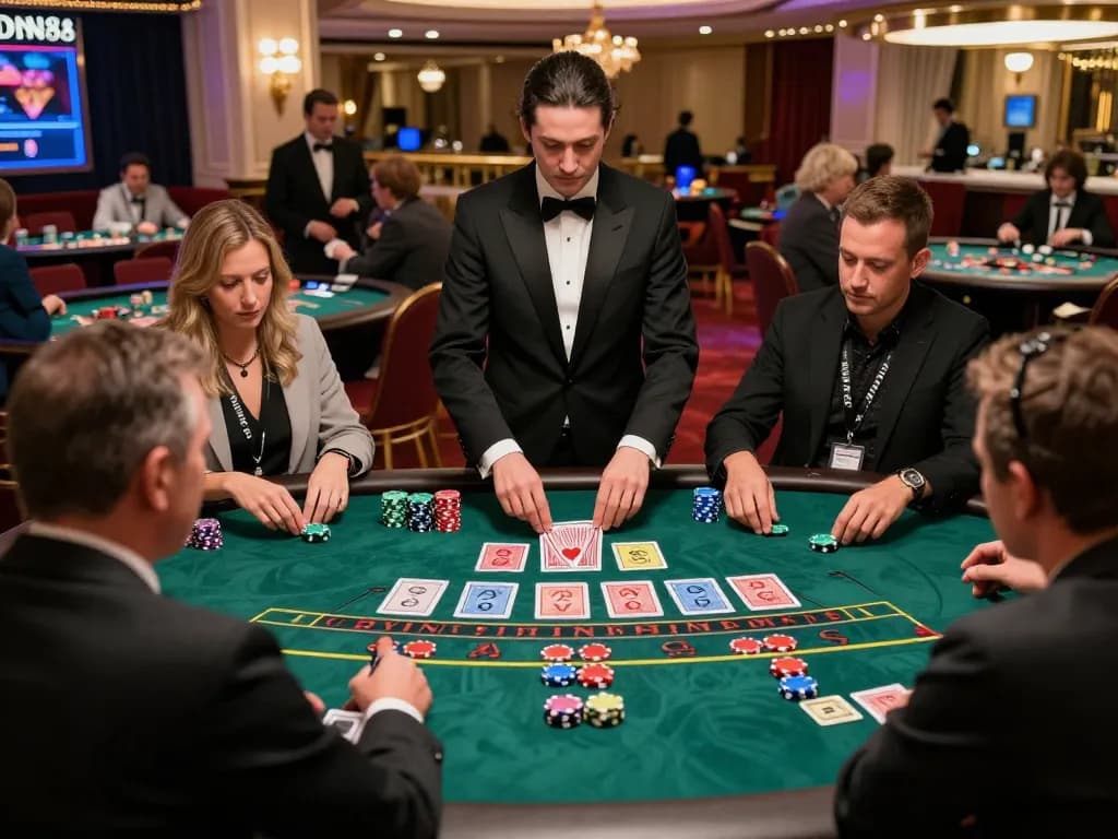 Experience intense Baccarat action at DN88 casino featuring engaged players and an elegant dealer.