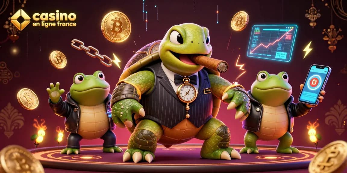 Plongez dans l'univers palpitant du casino en ligne France avec une illustration cartoon immersive, représentant une tortue massive en costume.