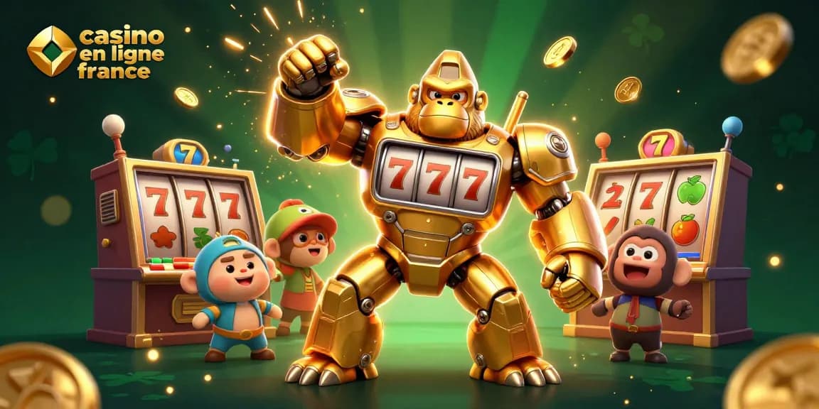 Illustration dynamique de "casino en ligne france" avec gorille mech et éléments de machine à sous.