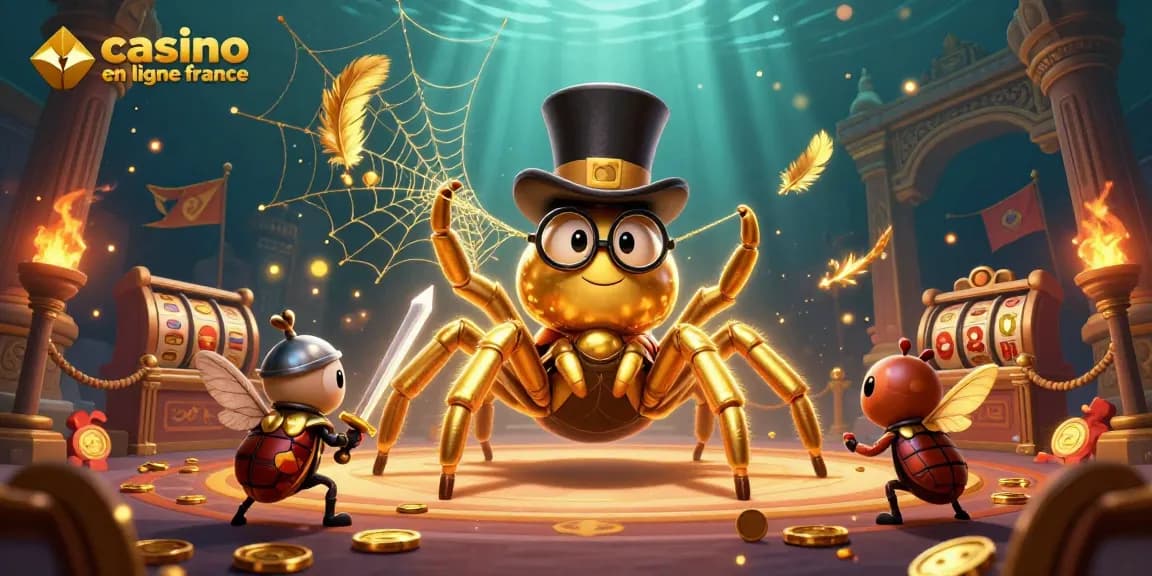 Illustration dynamique d'un casino en ligne France avec une tarentule dorée et un chevalier.