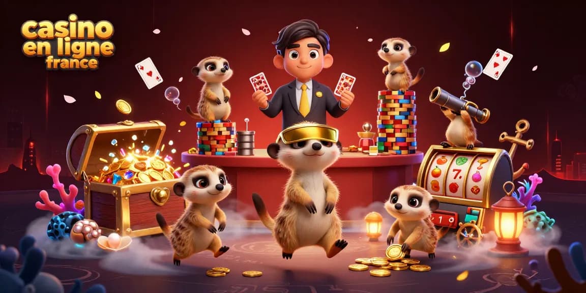 Casino en ligne France : illustration dynamique de suricates gérant un casino, avec des éléments de jeu captivants.