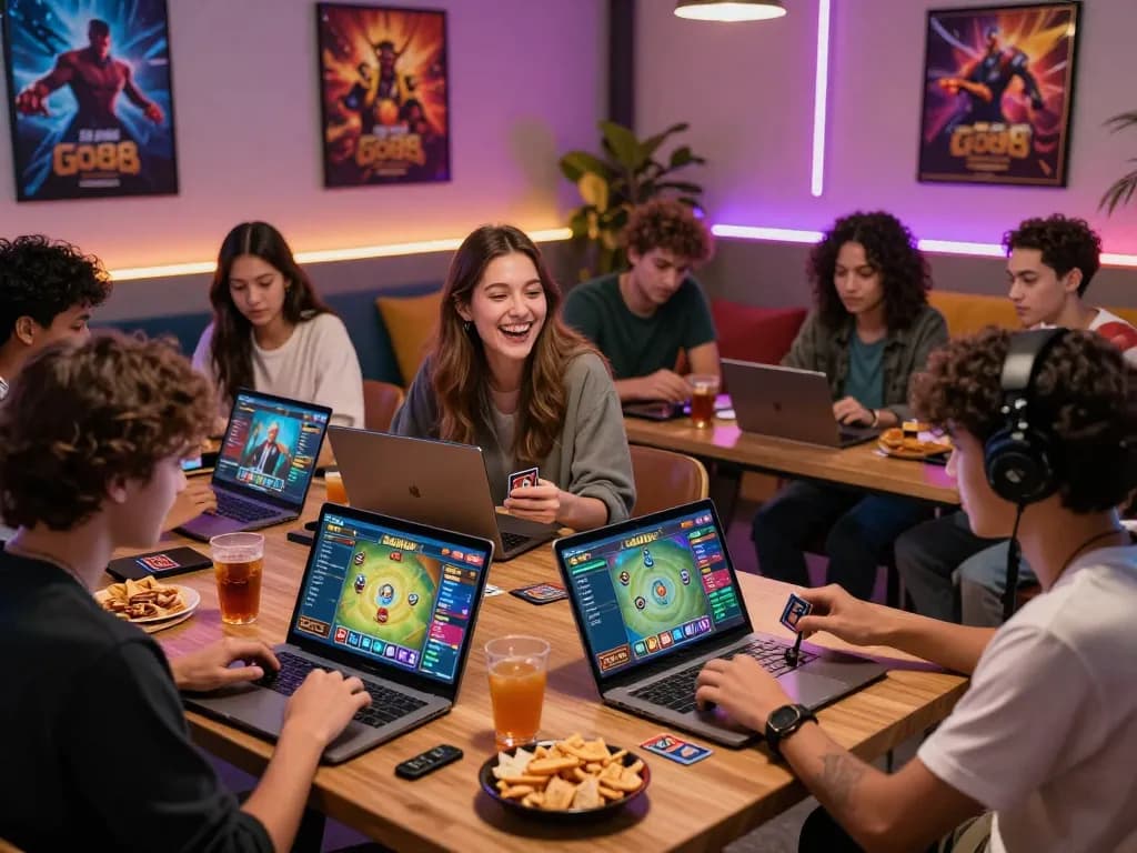 Engaging group enjoying game bài Go88 in a lively gaming lounge atmosphere.