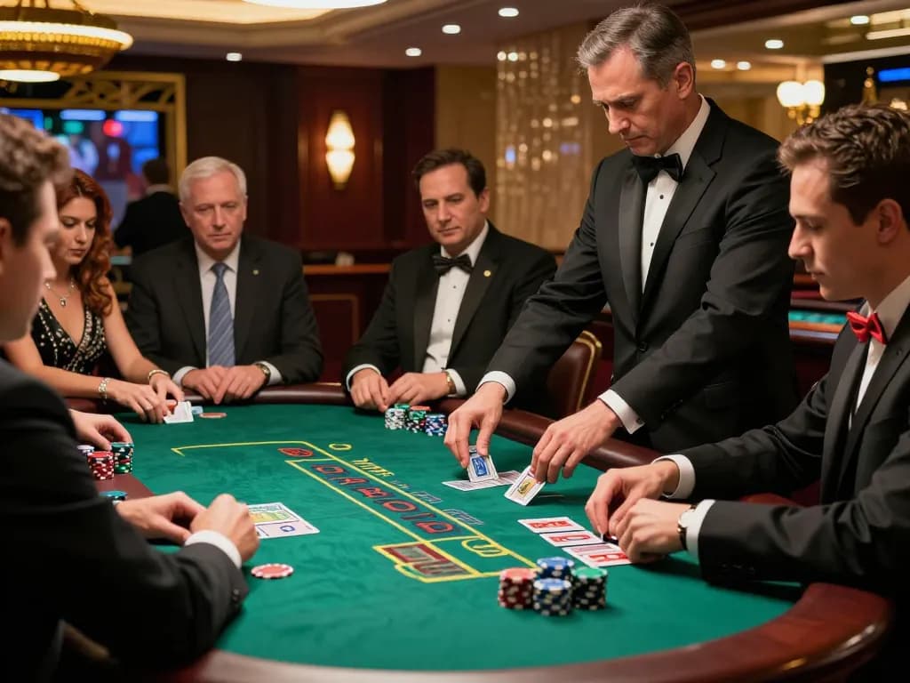Engage in a Go8 blackjack strategy session at a luxurious casino table with dynamic gameplay.