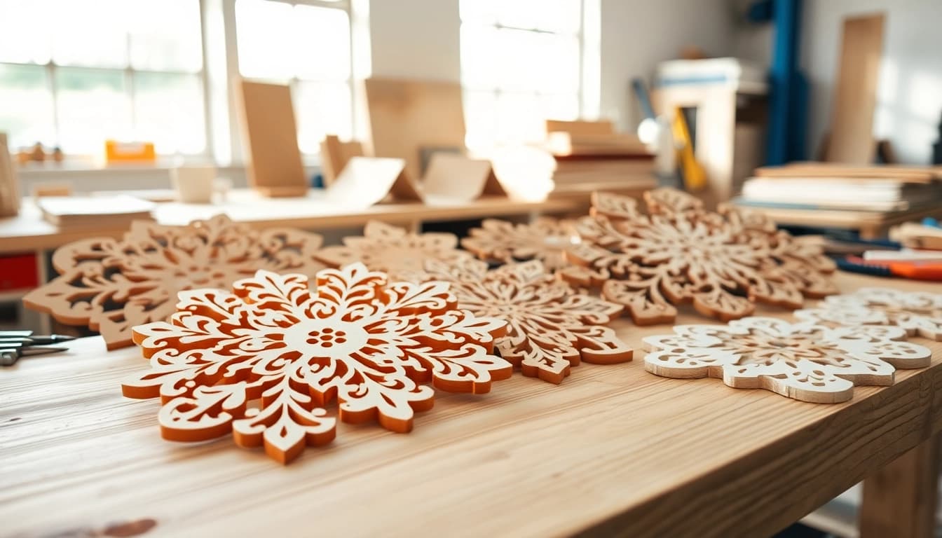 Showcase of laser cutting designs on a wooden table featuring diverse materials and creative patterns.