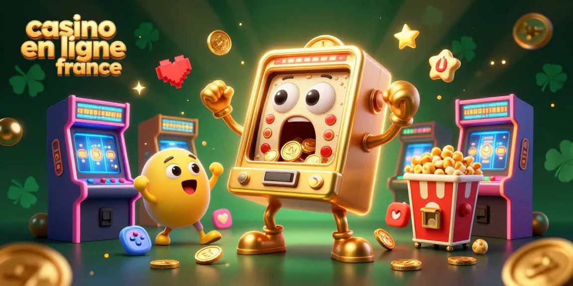 Illustration d'un casino en ligne en France avec une machine à sous dorée remportant un jackpot.