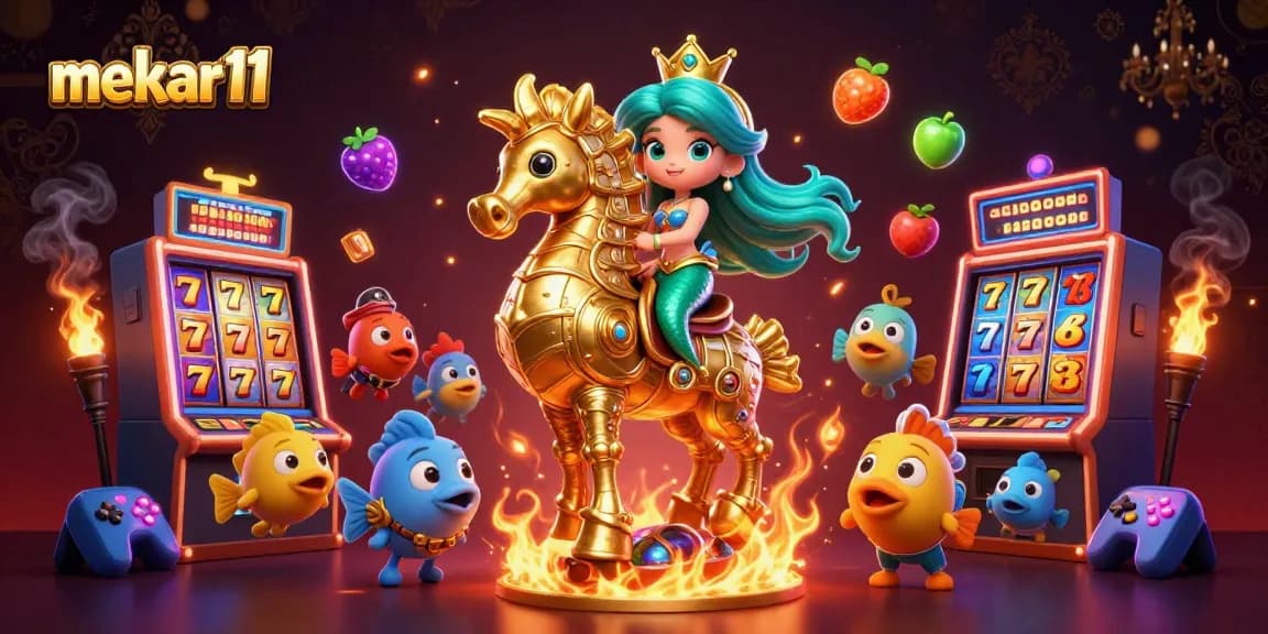 Mekar11 slot online scene featuring a mermaid princess and golden seahorse amidst vibrant gaming elements and jackpots.