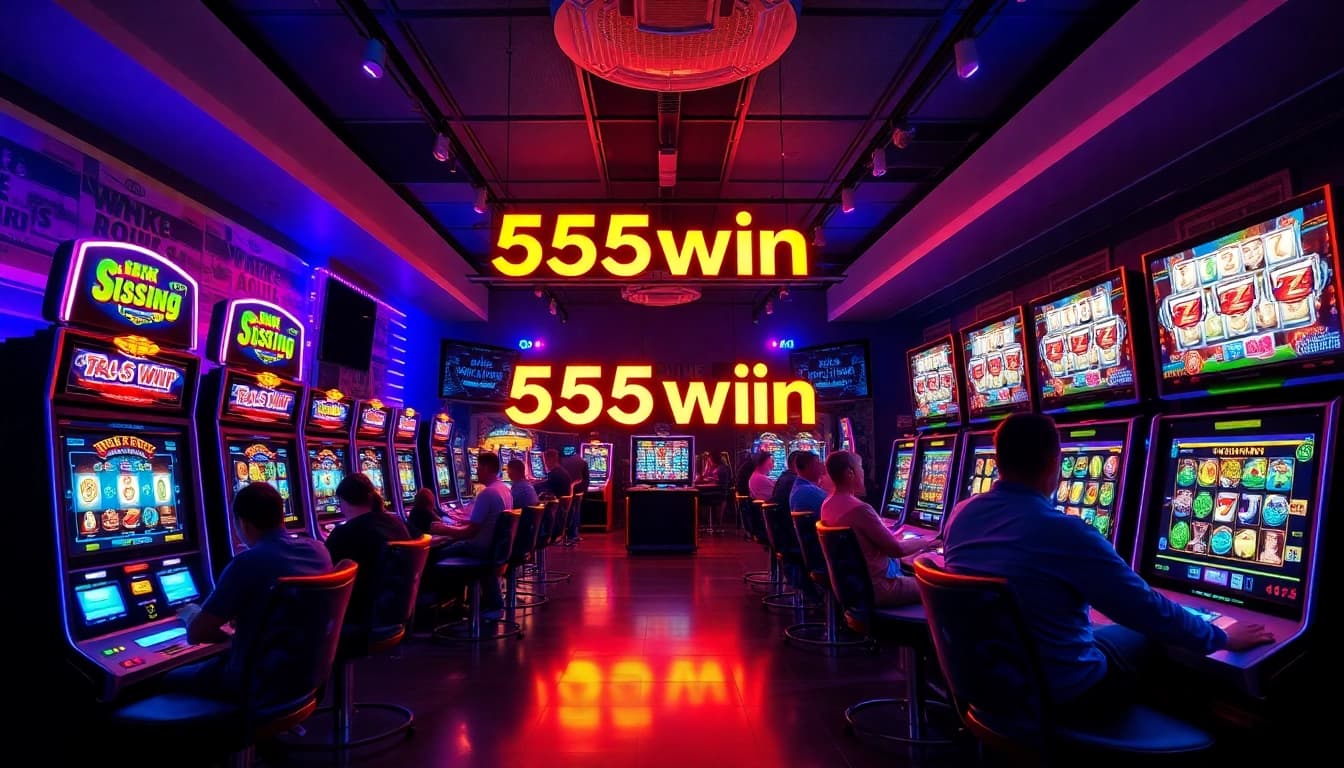 Experience the thrill of gaming with 555win in a vibrant lounge filled with neon lights and slot machines.