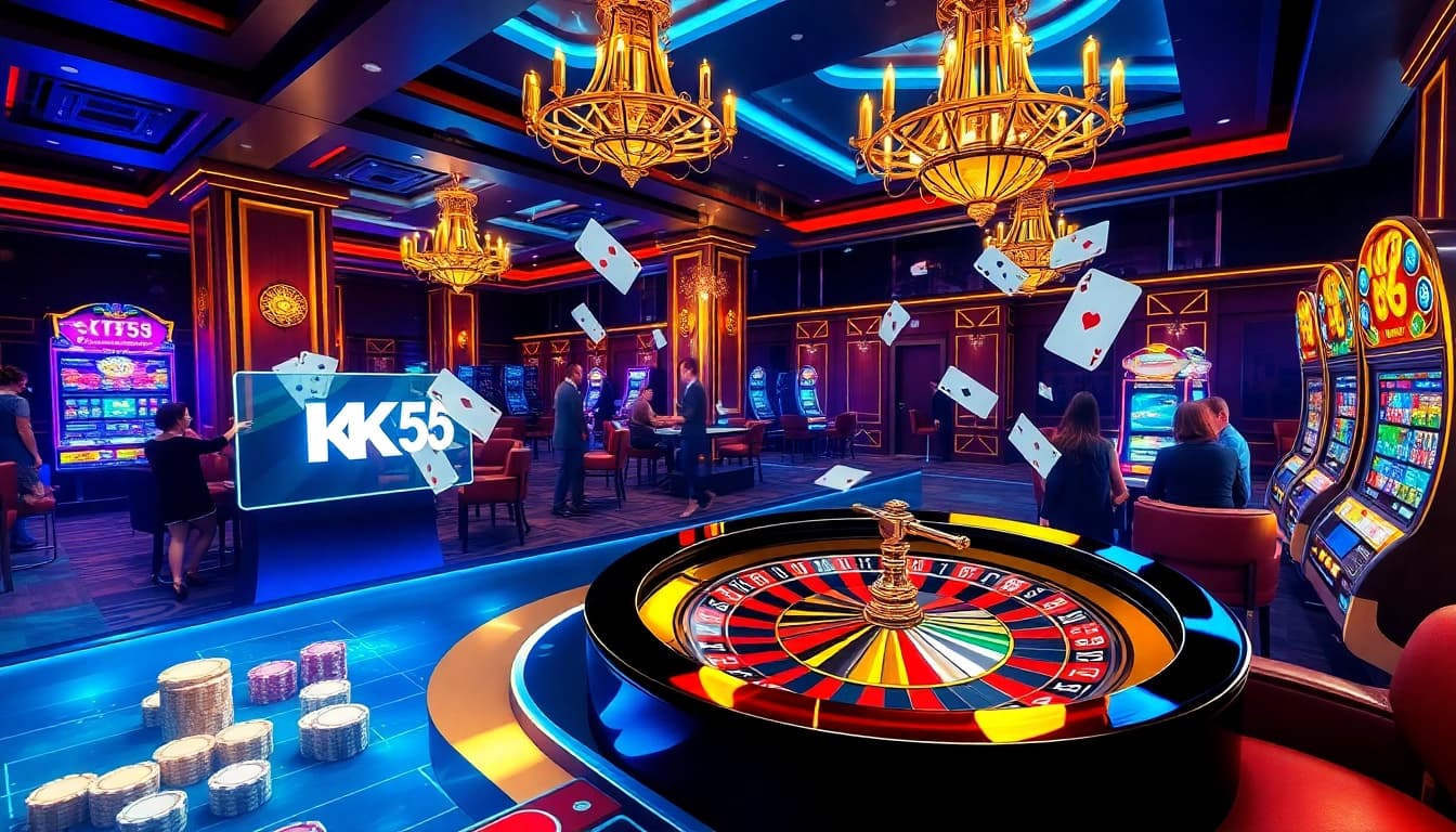Experience the thrill of KK55 with vibrant casino visuals of roulette and poker action.