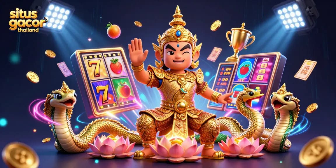 Situs gacor thailand slots with friendly Thai guardian, jackpot counters and golden trophy flying in dynamic scene.