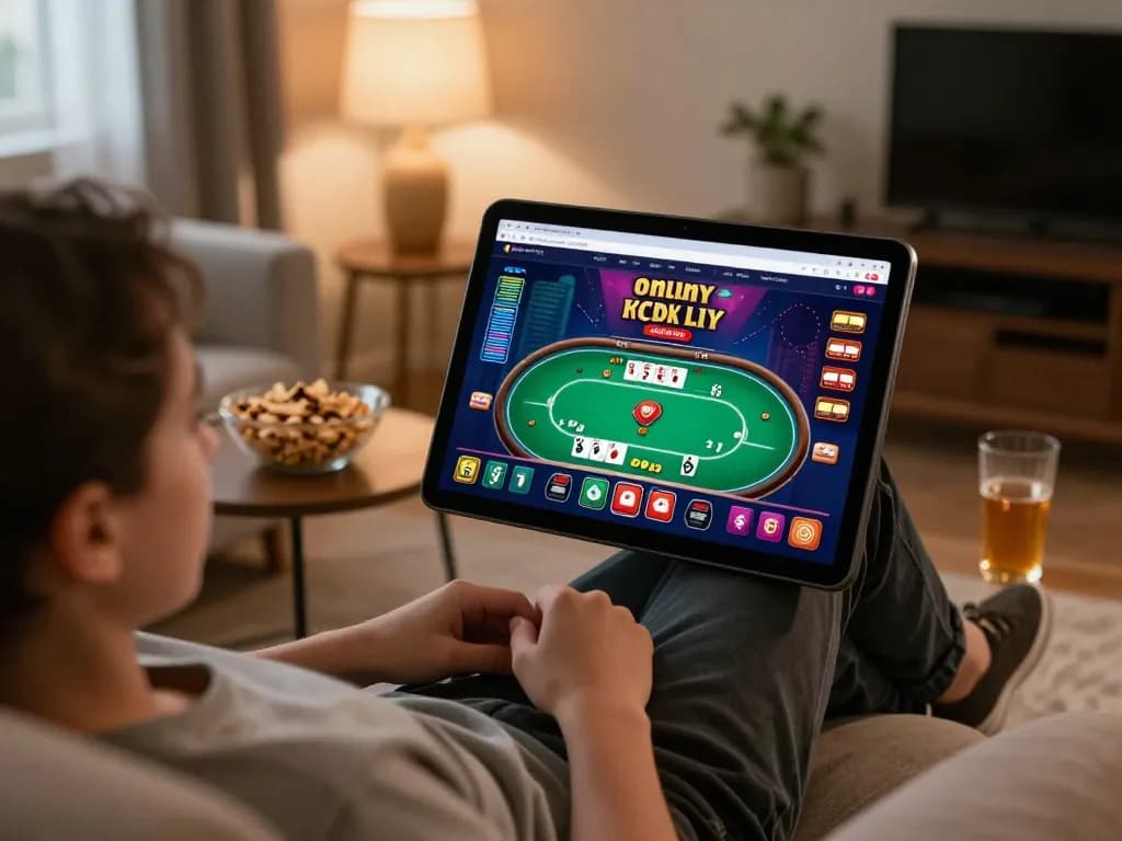Player engaging in sun win poker game on tablet in cozy home environment.