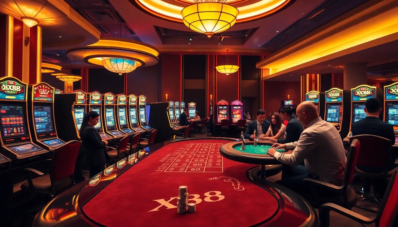 Players enjoying high-stakes games at XX88 Casino, surrounded by vibrant slot machines and poker tables.