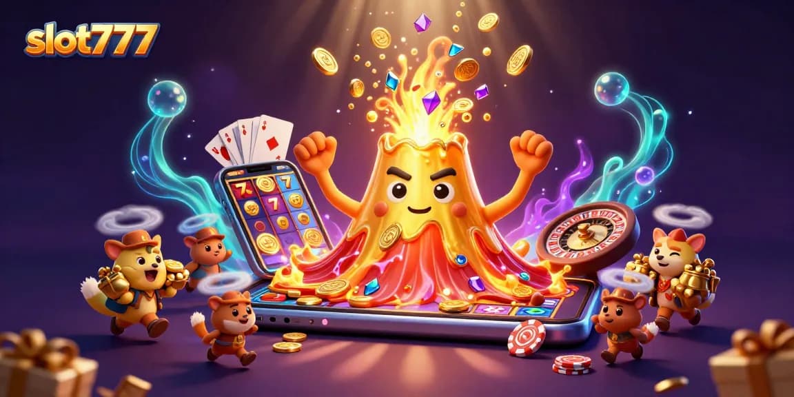 Experience slot777's thrilling jackpot with a golden volcano erupting treasures and dynamic gameplay.