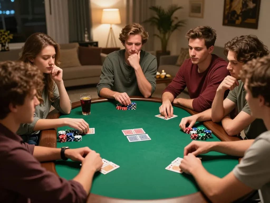 Friends playing poker at home, showcasing strategic thinking and fun with garuda slot elements