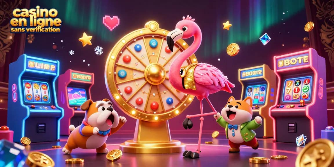 Jouer au casino en ligne sans vérification avec des personnages colorés et des machines à sous dynamiques dans une scène immersive.