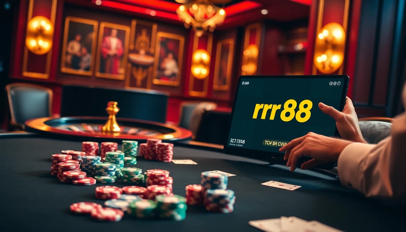 Experience the thrill of rr 88 with vibrant poker chips and a classic roulette wheel in a luxurious casino setting.