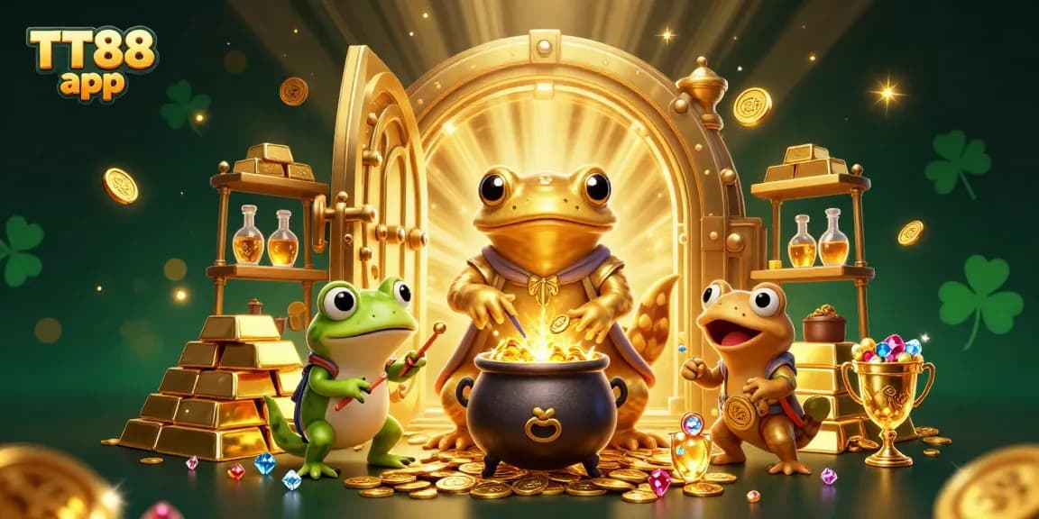 Engage with TT88 app as a giant salamander alchemist creates gold coins in a vibrant casino scene.