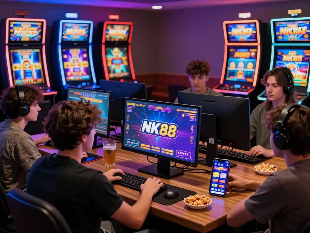 Friends enjoying NK88 online games with vibrant screens and lively atmosphere