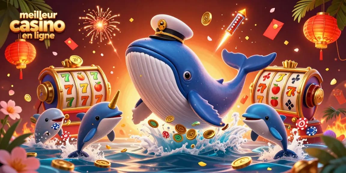 Jouer au meilleur casino en ligne avec une illustration dynamique de personnages marins et des éléments de jeux de machines à sous.