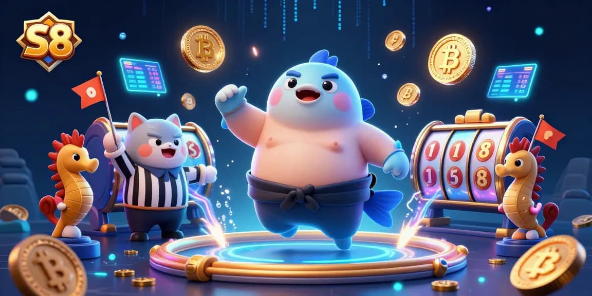 S8 presents thrilling slot gaming with an excited fugu surrounded by cryptocurrency elements.