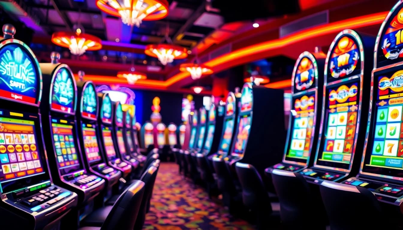 Slot depo 1k dengan mesin permainan cerah dan koin mengelilingi meja judi.
