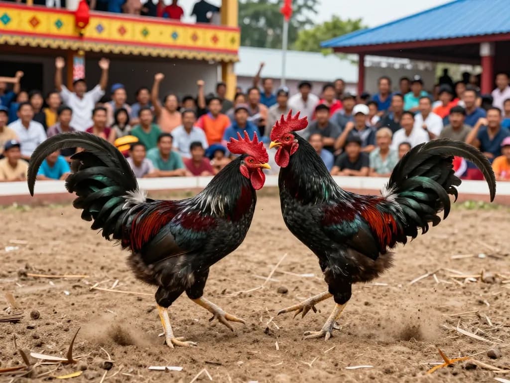 Witness the thrilling cockfight dynamics with black roosters showcasing speed and agility at đá gà campuchia event.