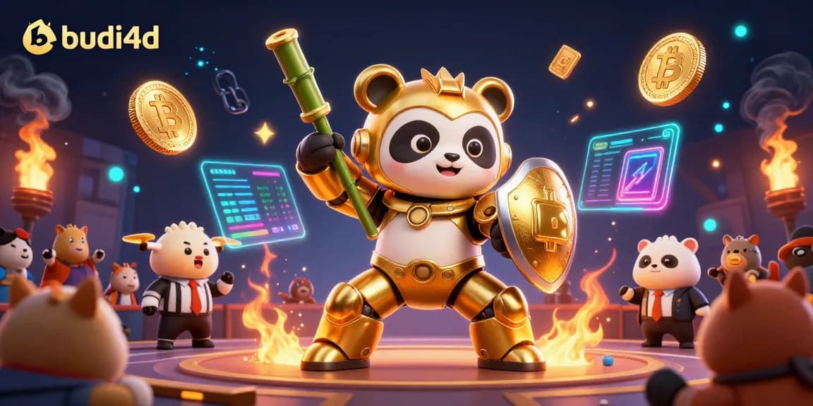 Experience the excitement of budi4d and witness a golden panda in action with crypto coins and vibrant gaming elements.