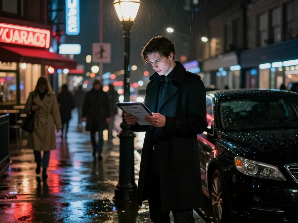 Night Agent Season protagonist reviewing intelligence documents at a city streetlamp in a thriller atmosphere.