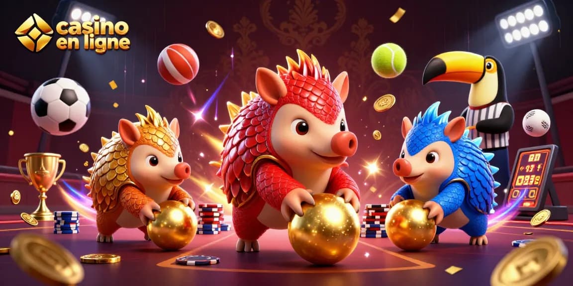 Des pangolins rivalisent dans un casino en ligne en jonglant des jetons et des billes en or.