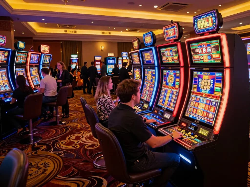 sunwin players engaging with colorful slot machines celebrating their wins in a lively casino