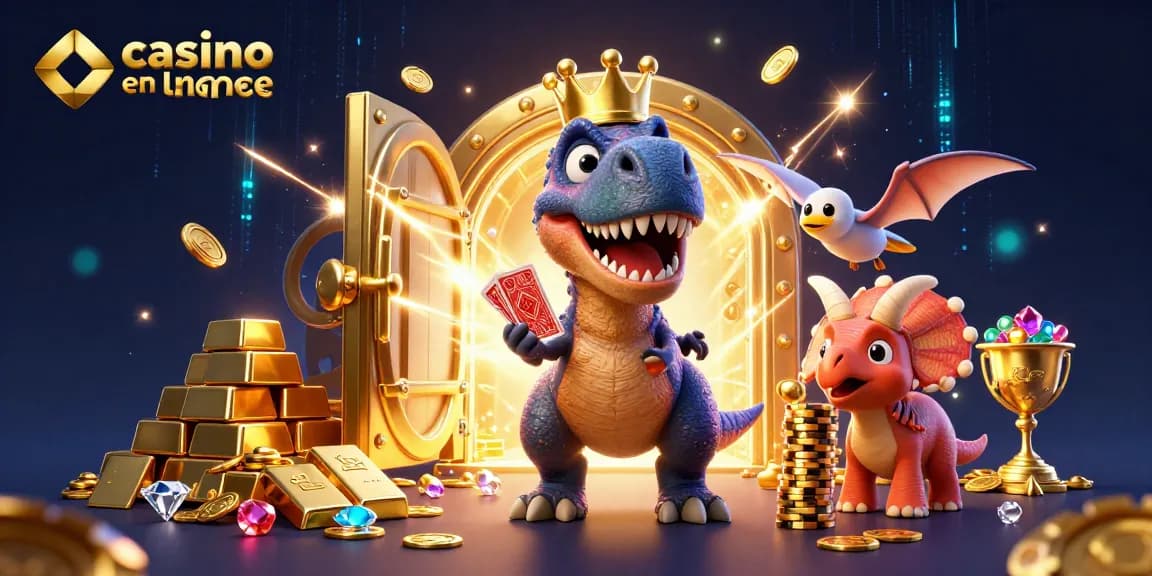 Casino en ligne France : un T-Rex amusant avec des cartes et des jetons d'or dans une scène riche.