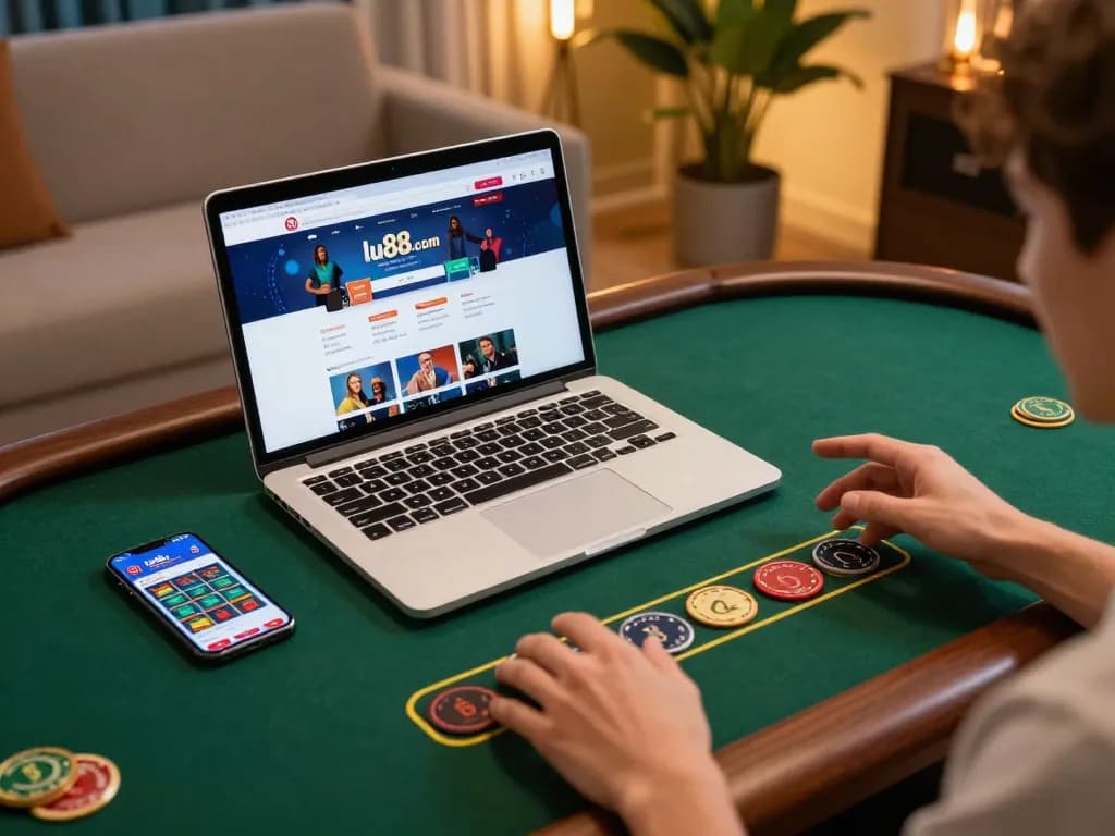 Engaging in online gaming at lu88.com with a laptop and smartphone in a stylish home setting.