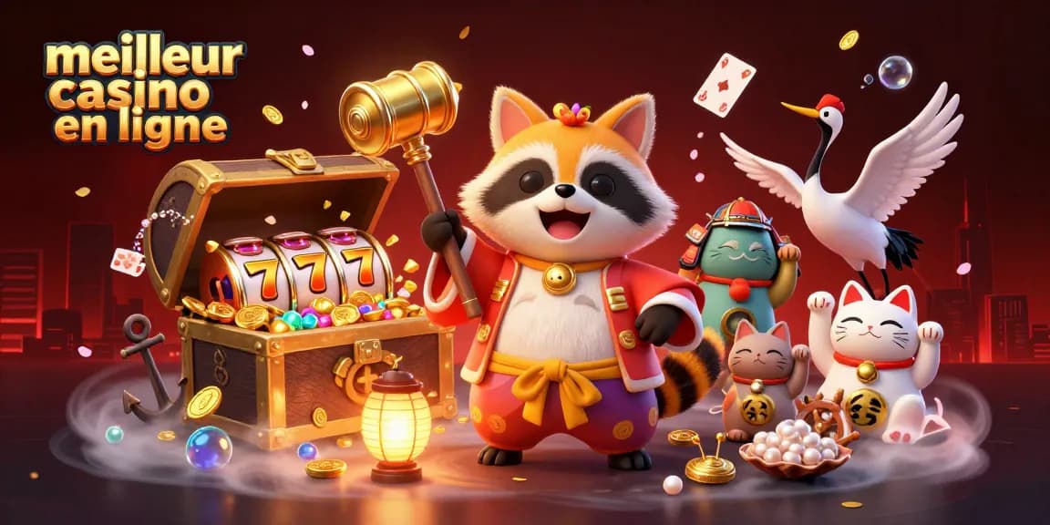 Découvrez le meilleur casino en ligne avec un tanuki chanceux et des symboles de chance scintillants.
