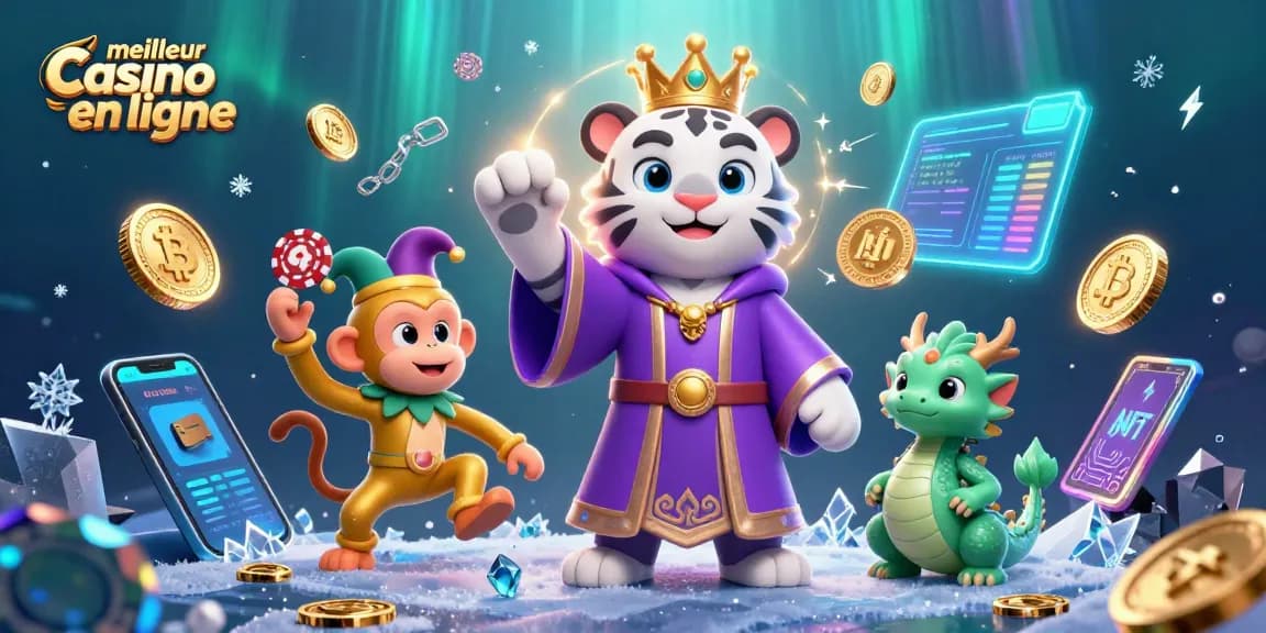 Découvrez le meilleur casino en ligne avec un tigre, un singe et un dragon dans une scène animée.
