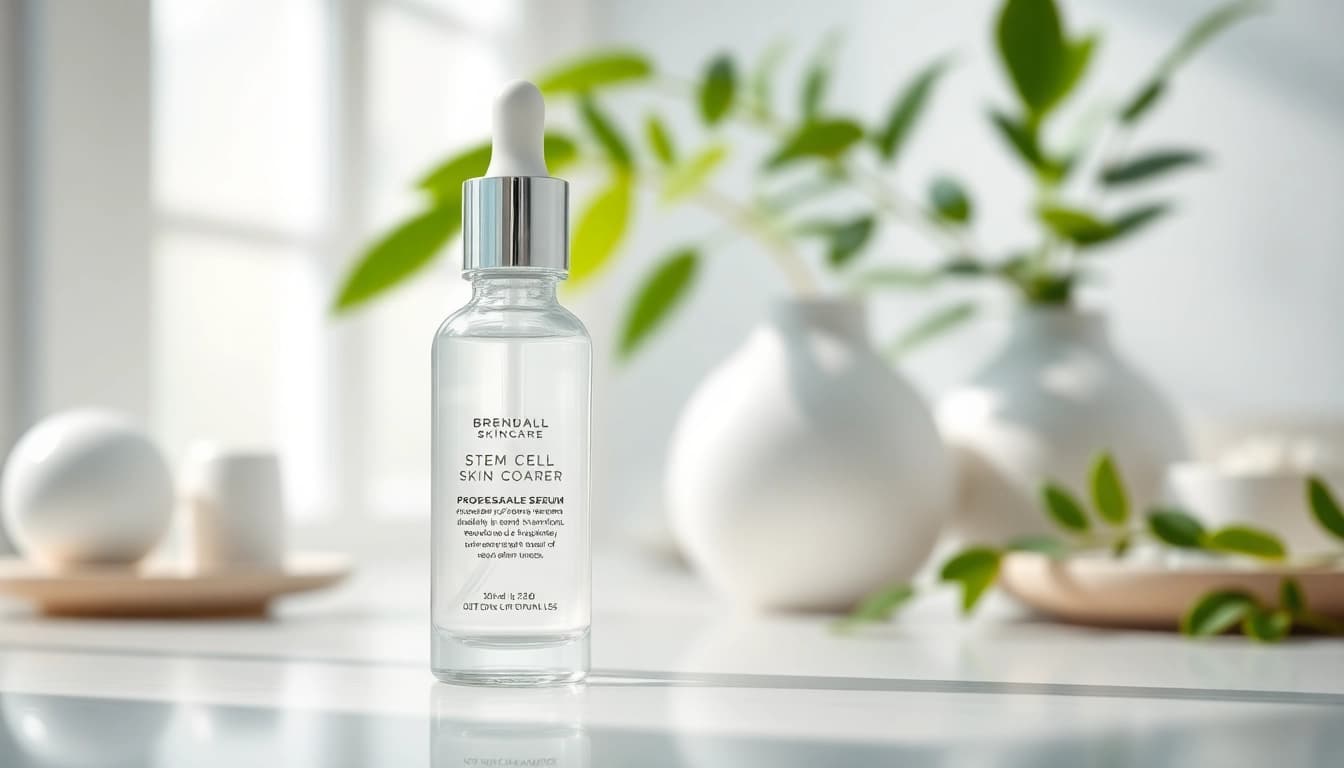 Showcasing stem cell skincare serum with an elegant dropper in a serene spa-like setting.