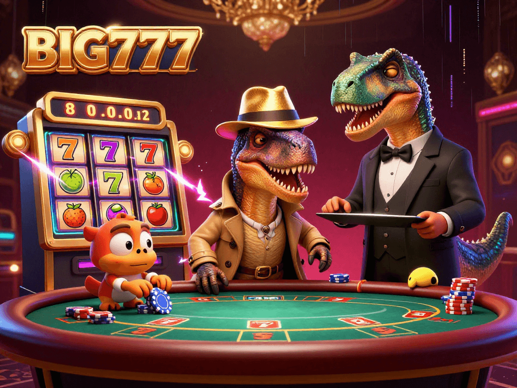 BIG777 slot menampilkan velociraptor dan stegosaurus dalam permainan kasino yang menegangkan.