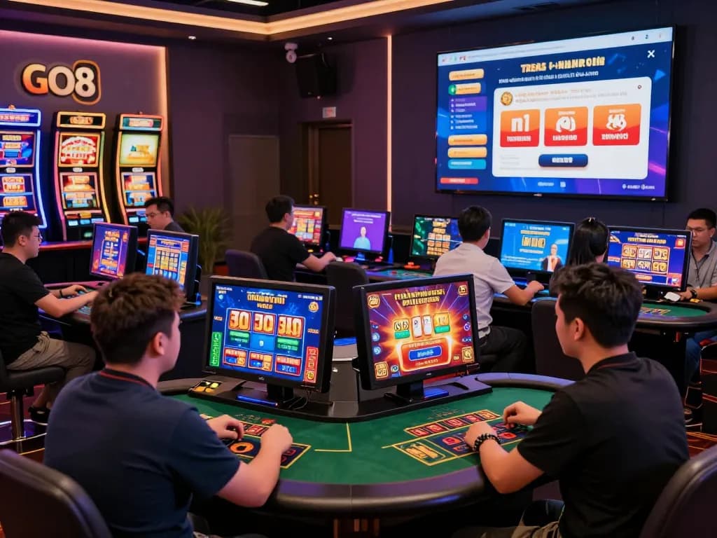 GO8 TRANG CHỦ engaging online casino environment featuring enthusiastic players at digital tables.
