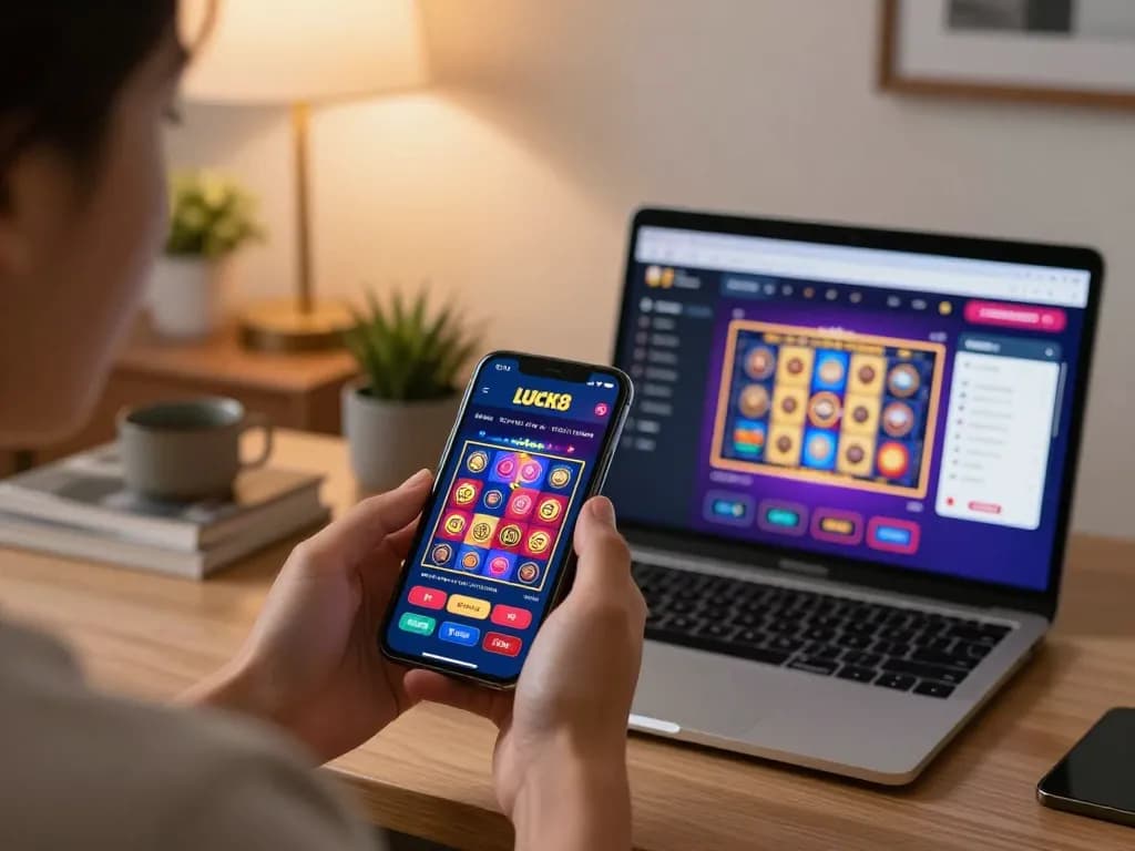 Engaging gameplay on LUCK8 mobile app showcasing vibrant online slots in stylish home setting