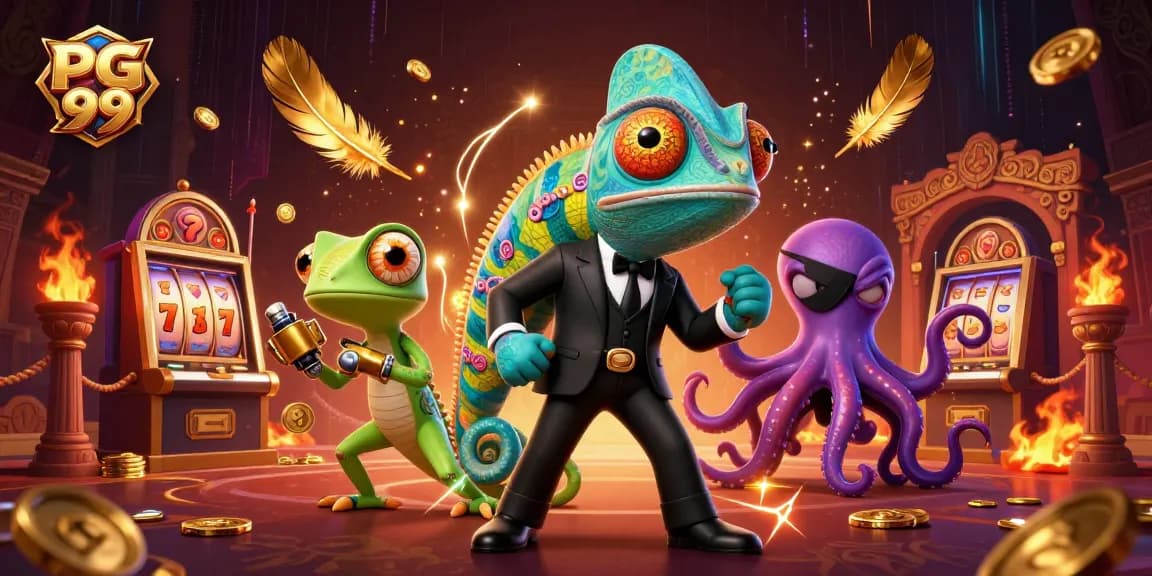 Engage with PG 99's thrilling gameplay featuring a secret agent chameleon, golden gadgets, and an octopus.