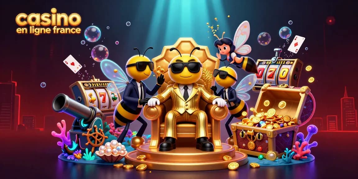 Illustration de casino en ligne France avec une abeille mob boss entourée d'éléments de jeux captivants.