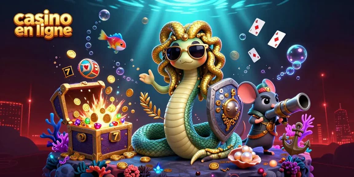 Vivez une expérience de jeu captivante avec le casino en ligne, entouré de personnages mythologiques et d'éléments de jeu.