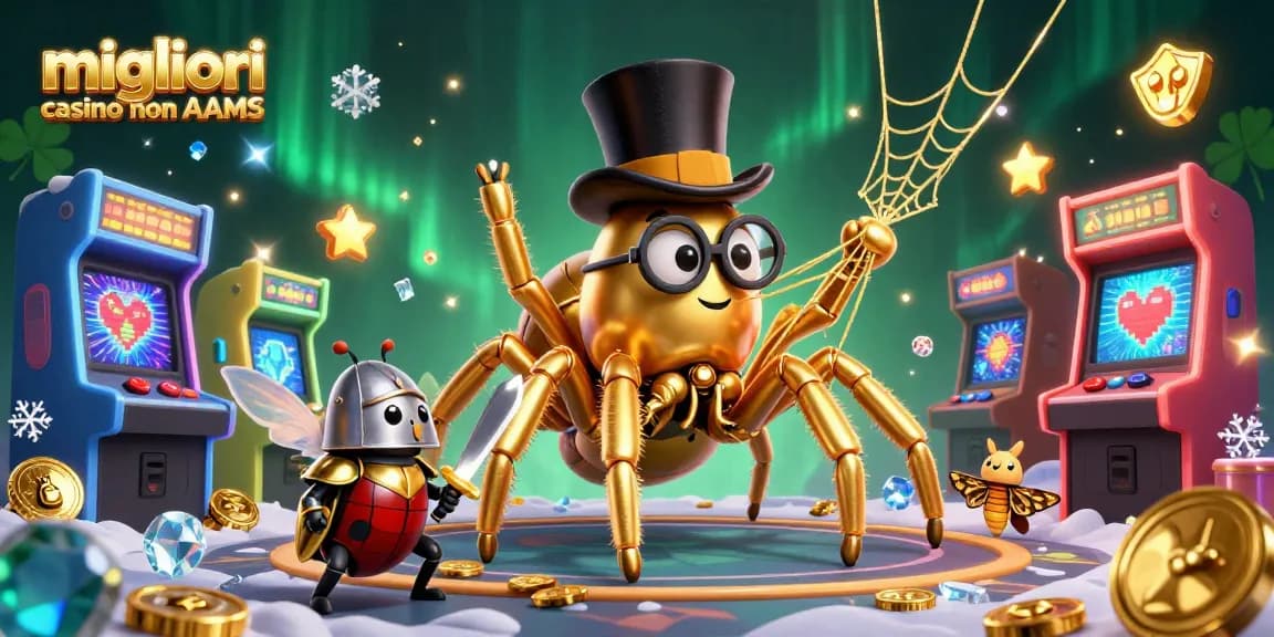 Scopri i migliori casino non AAMS con un'illustrazione vibrante di un ragno dorato e un cavaliere scarabeo nel mondo dei giochi d'azzardo.
